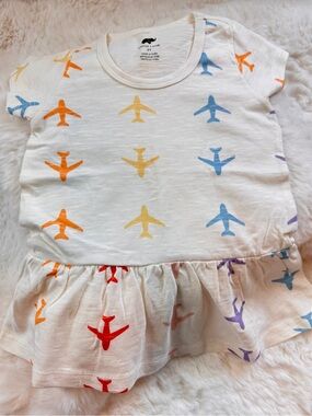 Monica and Andy, White, 3T, Toddler Peplum Top with Rainbow Airplane Print, NWOT